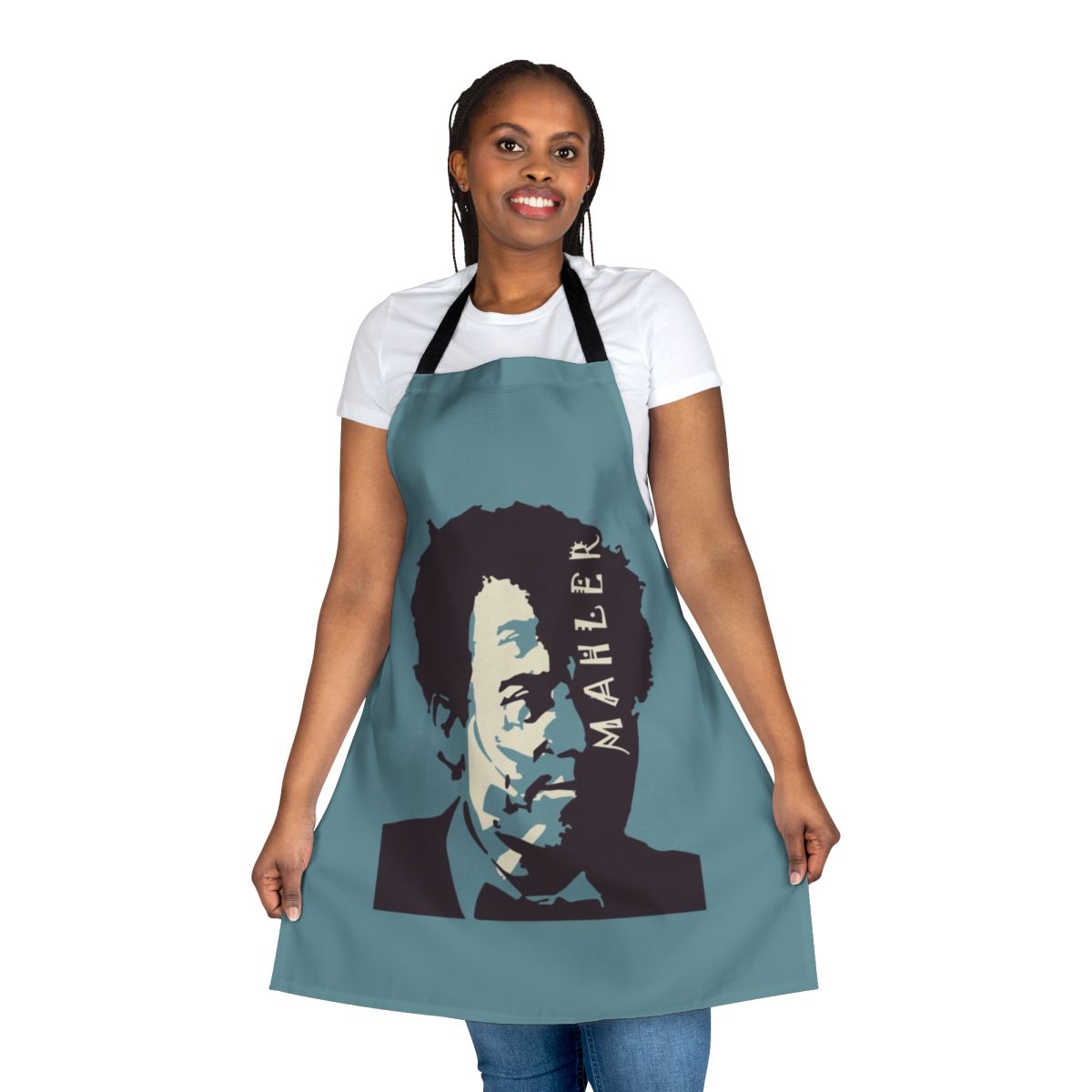 Vintage-style blue apron featuring the name and image of classical music composer Gustav Mahler