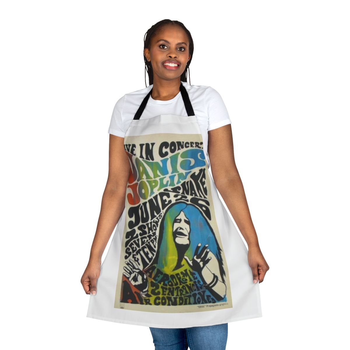 Vintage-style apron featuring a psychedelic rock music concert poster design with Janis Joplin and other 1960s and 1970s bands.