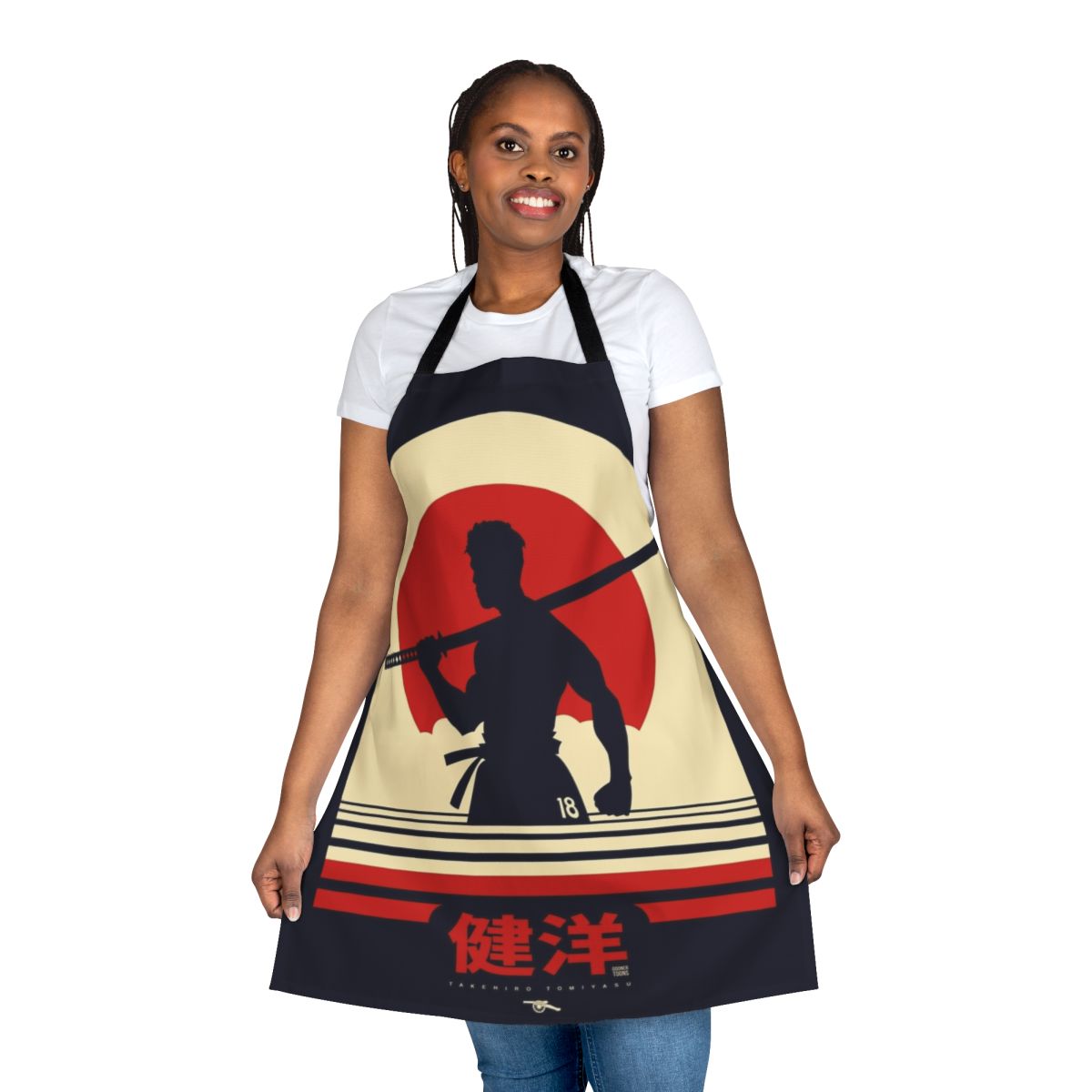 Apron featuring a retro-inspired illustration of Japanese footballer Takehiro Tomiyasu