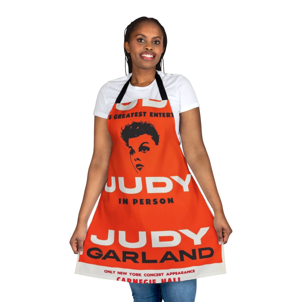 Retro-styled apron featuring Judy Garland's iconic Carnegie Hall concert poster design