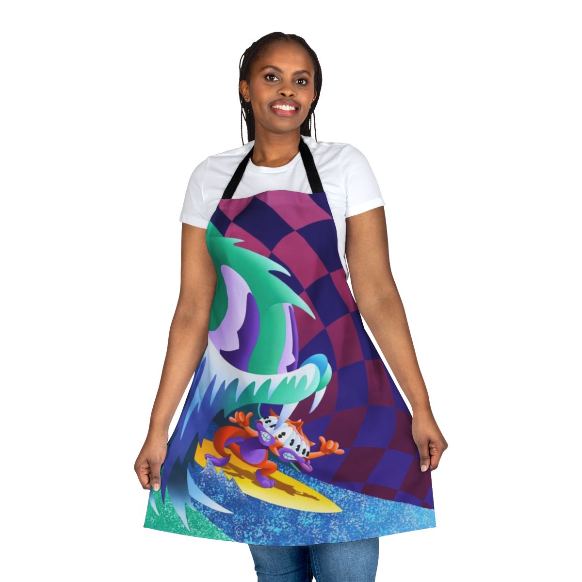 A stylish kitchen apron with a retro design inspired by the album art of the indie rock band MGMT.