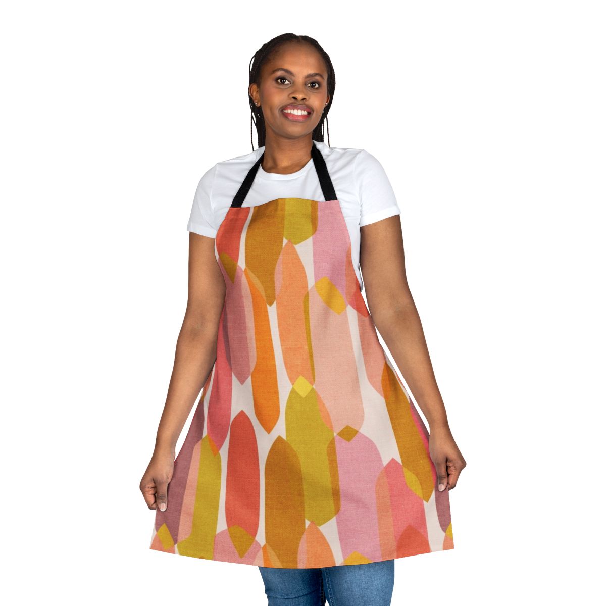 Retro multicolored droplet pattern apron with a modern, mid-century inspired design.