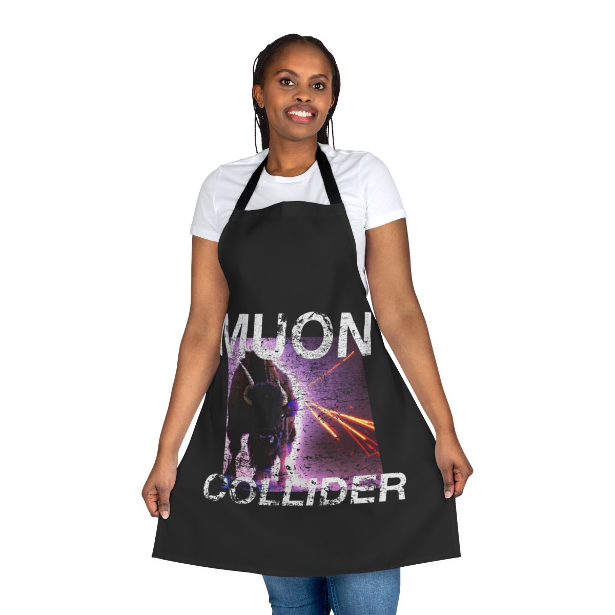 Retro-style apron featuring a muon collider graphic design