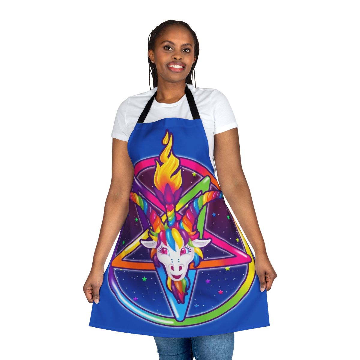 Vibrant neon-colored apron featuring a baphomet symbol design, evoking a 90s occult aesthetic.