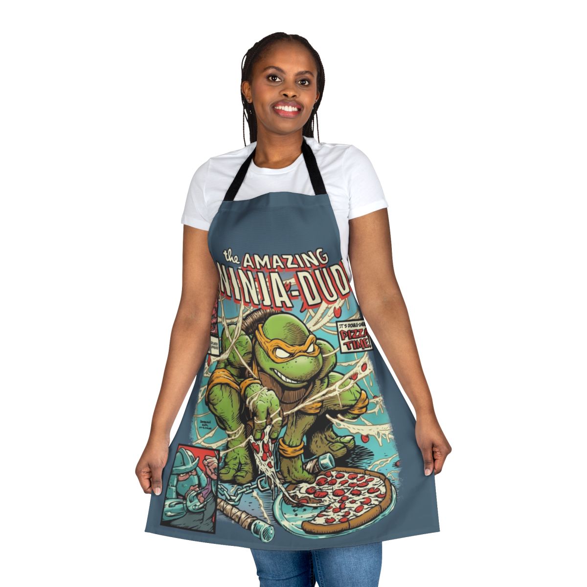 Retro ninja turtle apron with Michelangelo design and 80s style graphics