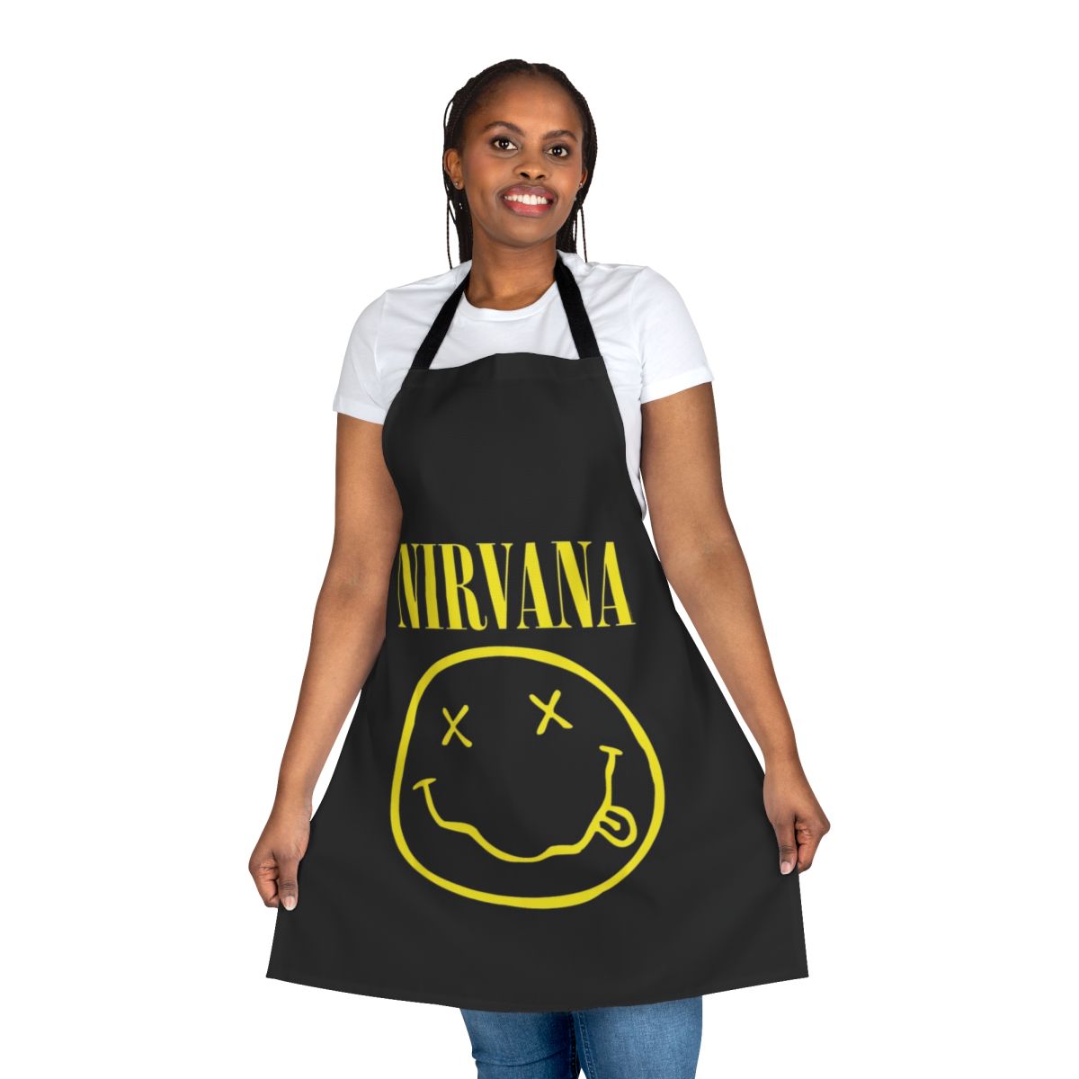 Retro Nirvana-inspired apron featuring a yellow happy face design and rock music band elements