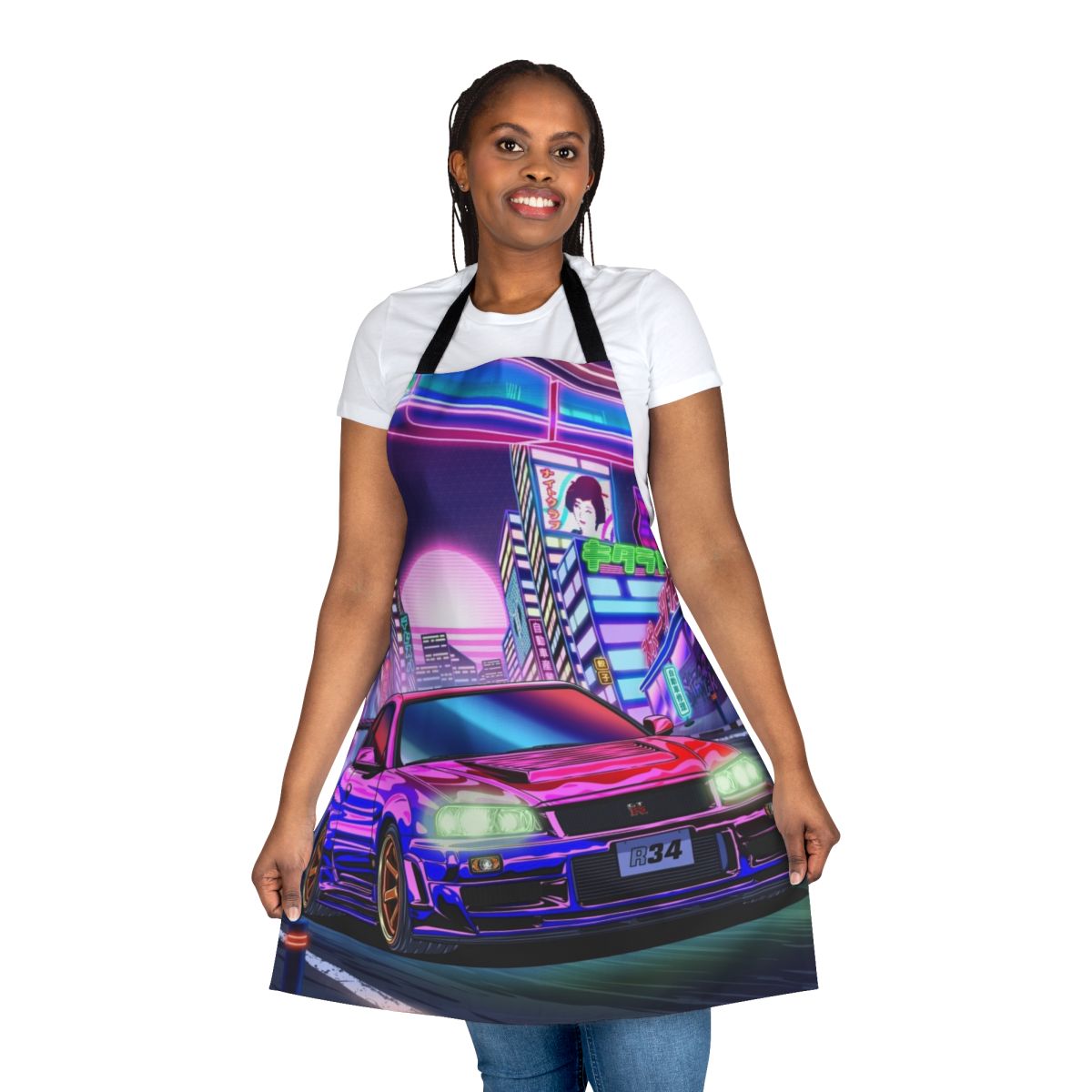 Apron featuring a vaporwave-inspired design of a Nissan Skyline GT-R R34, a legendary Japanese sports car.