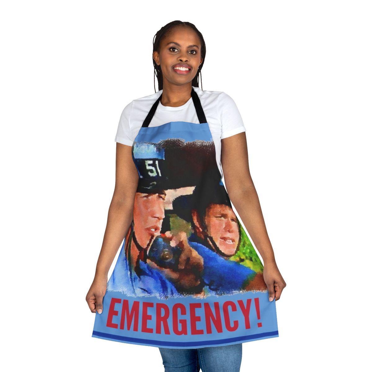 Vintage-style paramedic apron featuring the iconic Station 51 logo and characters from the classic medical drama series.