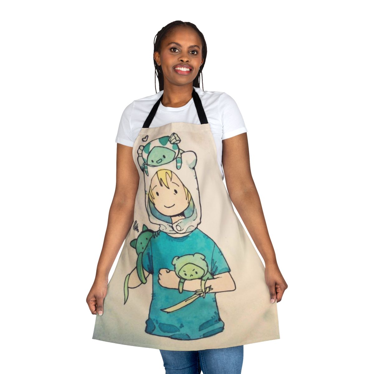 Retro-styled apron featuring a Vault Boy-inspired vaporwave design with colorful petals.