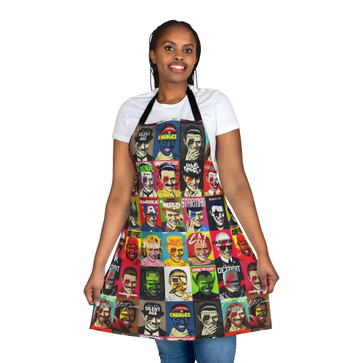 Colorful retro pop art style apron with 1980s and 1970s pop culture mashup design