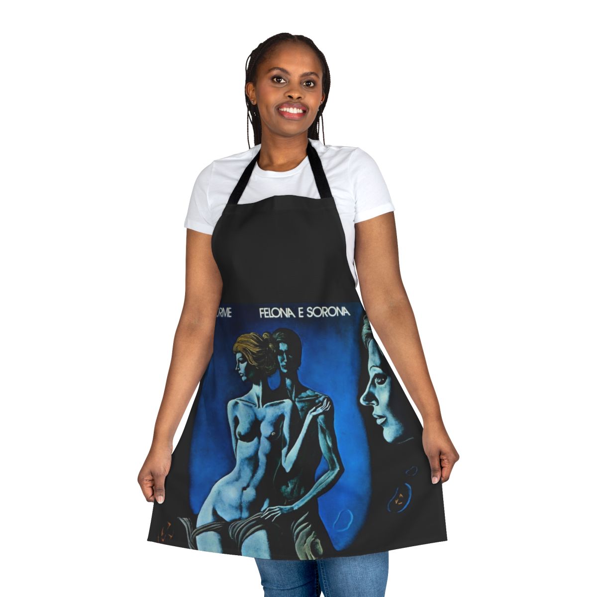 Retro progressive rock-themed apron with Felona & Sorona artwork