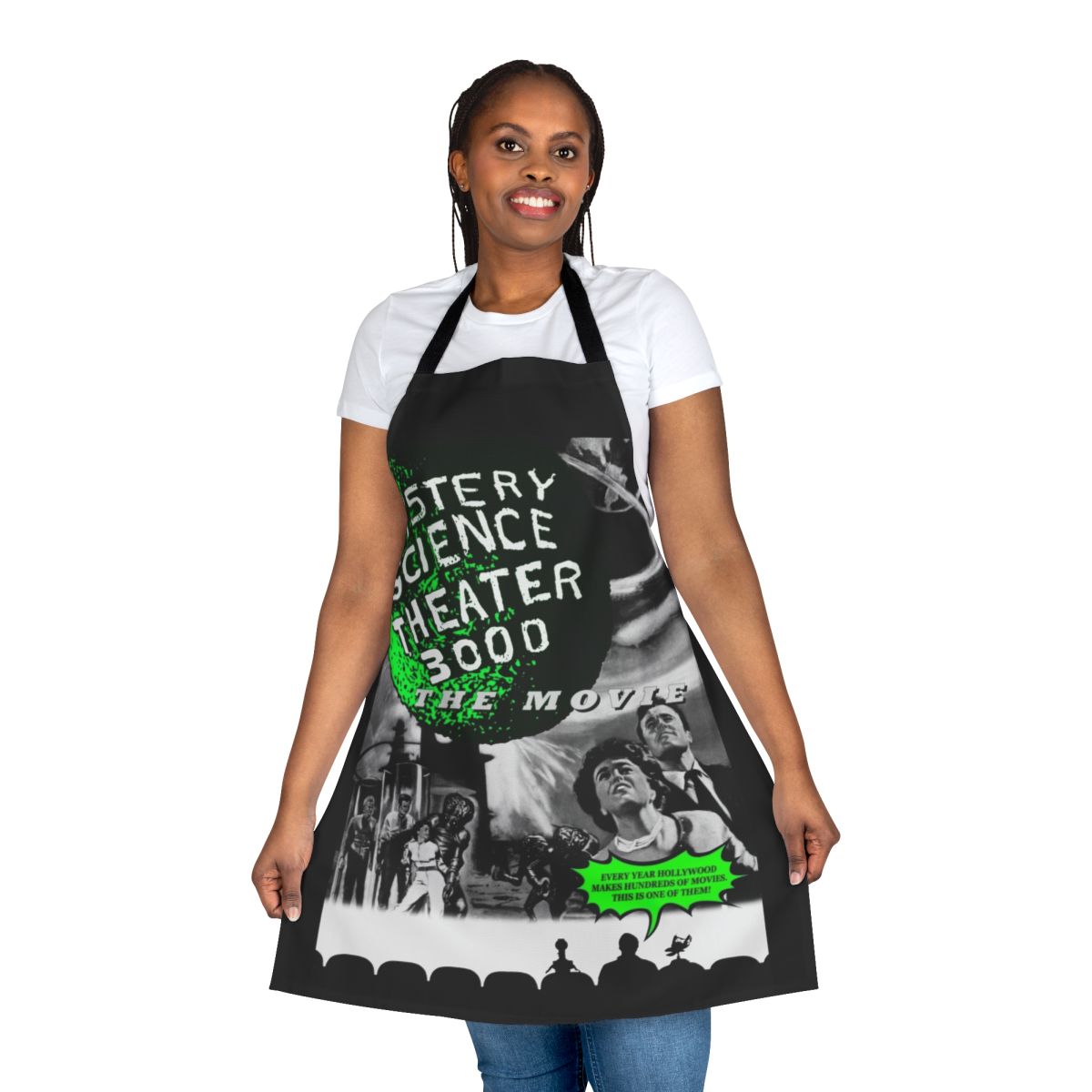 Retro-inspired black and white poster design apron featuring Mystery Science Theater 3000 characters and imagery