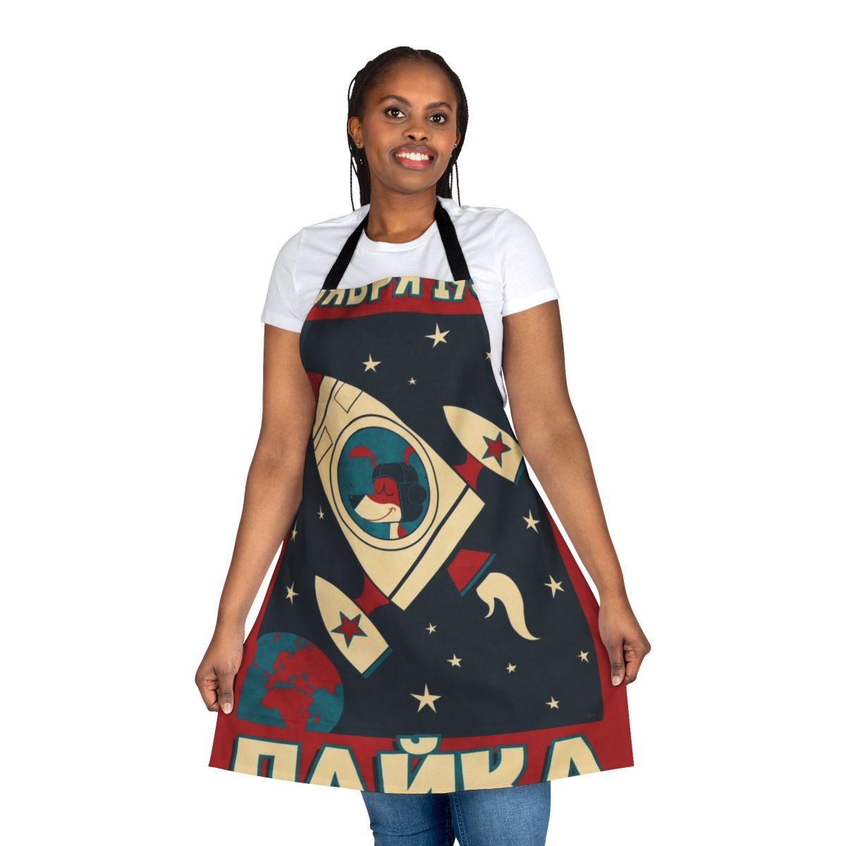 Retro-style apron featuring an illustration of Laika the Soviet space dog