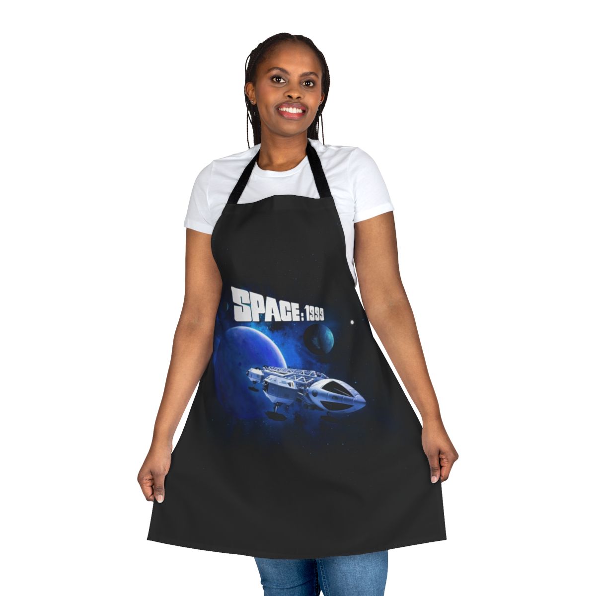 Stylish and durable apron featuring the iconic Eagle Model 1 spacecraft from the classic sci-fi TV series Space: 1999.
