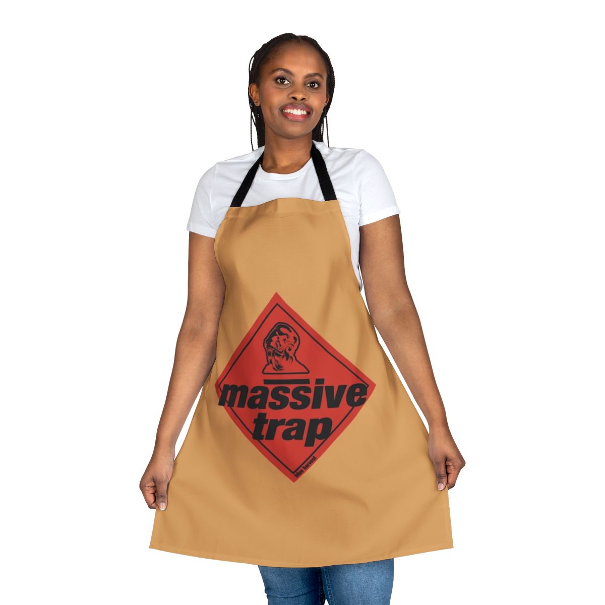 A retro-style apron featuring a blue trap graphic, inspired by Star Wars and 90s music