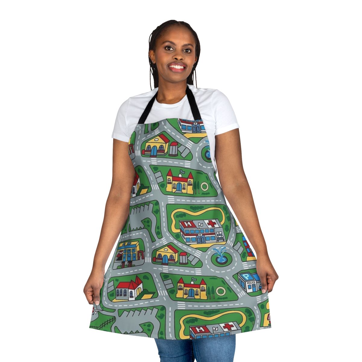 Retro street carpet design printed on a durable kitchen apron