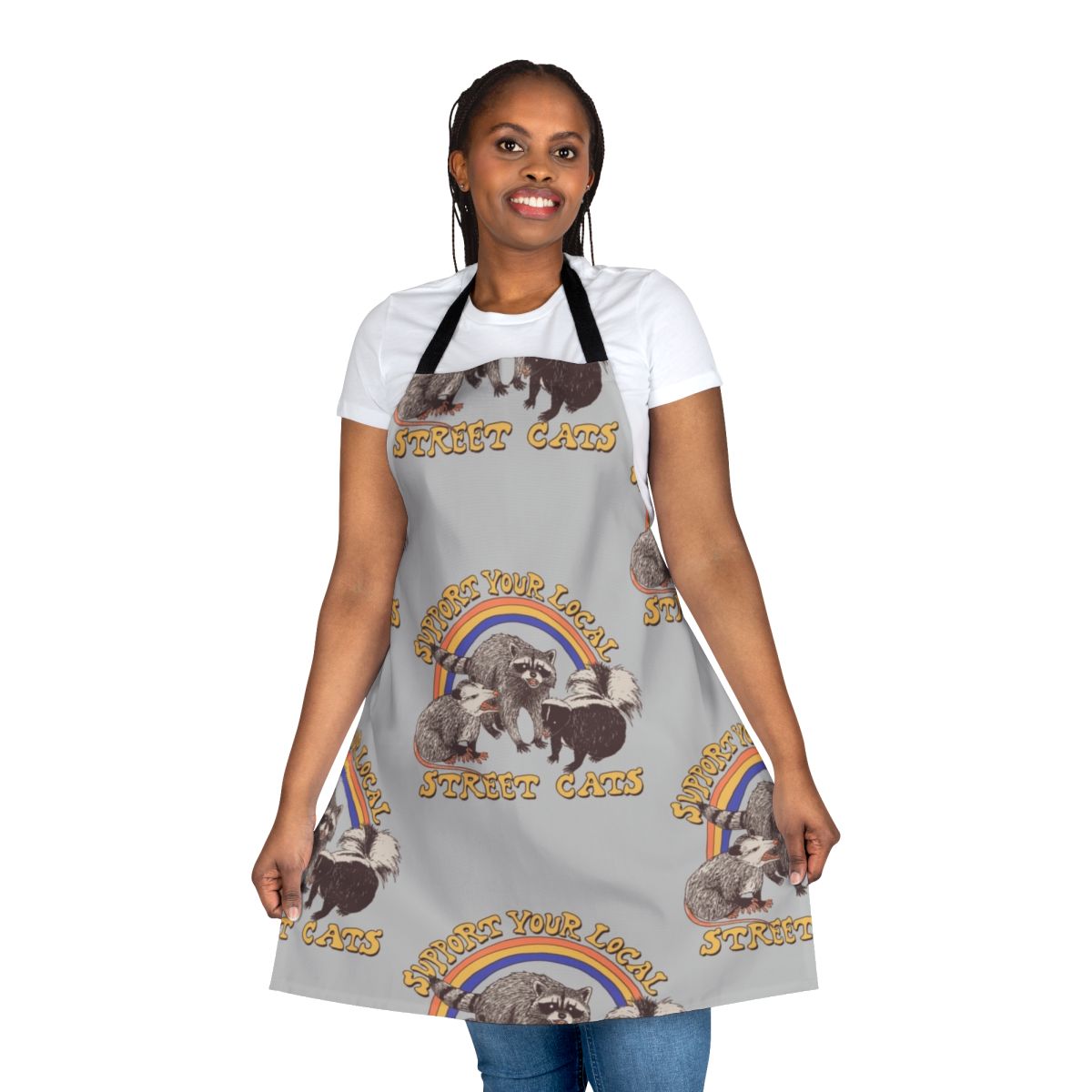 Retro-style street cat apron with a cute kitten, possum, raccoon, and skunk design