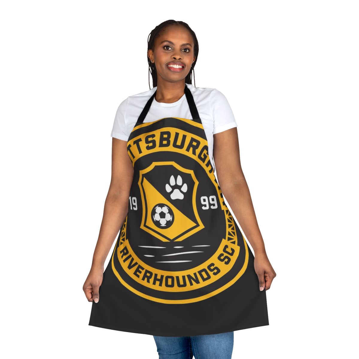 Riverhounds-inspired soccer graphic print on an apron