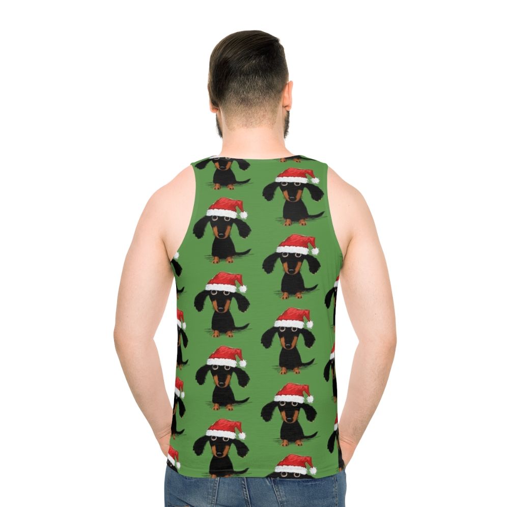 Santa Dachshund wearing a Christmas tank top