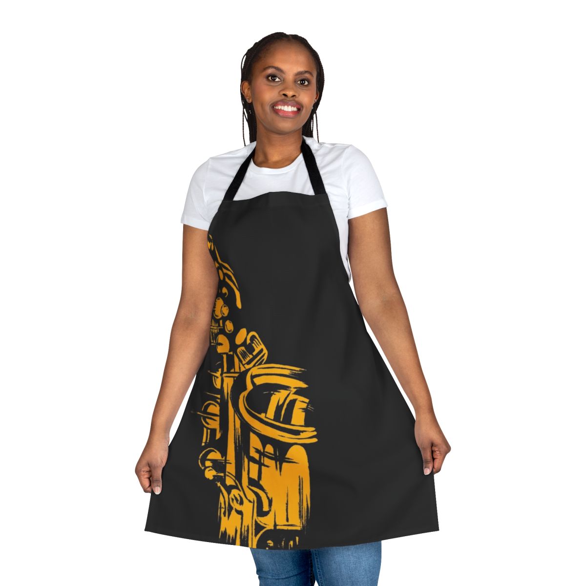 A stylish apron featuring a silhouette of a saxophone, perfect for music-loving chefs and home cooks.