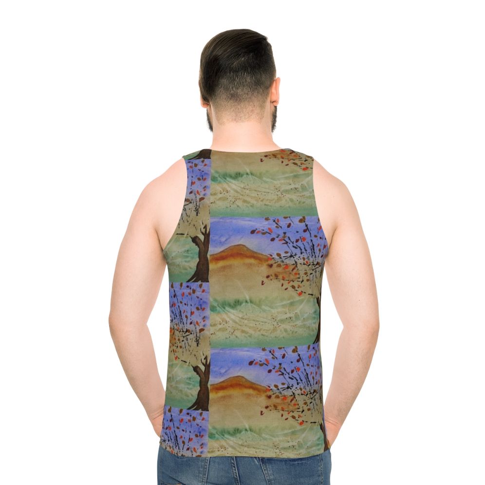 Windswept unisex tank top featuring a scenic landscape