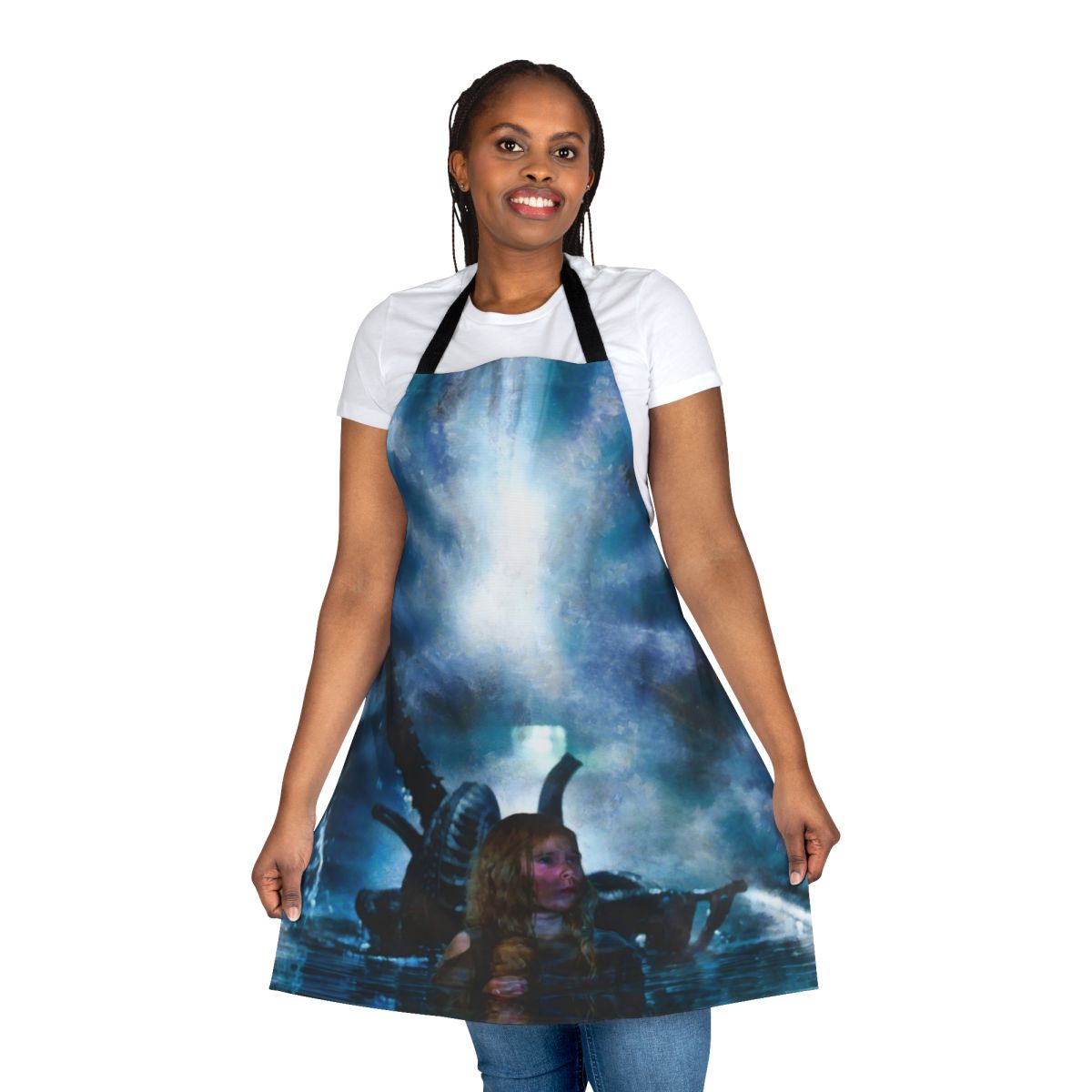 Person wearing an apron featuring a Newt character from the sci-fi movie Aliens