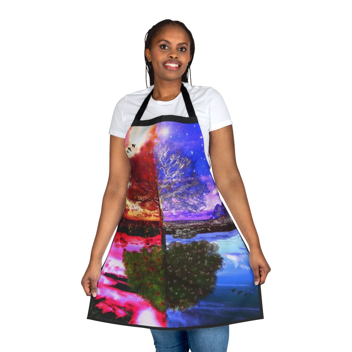 A full-length apron featuring a nature-inspired four seasons tree design.