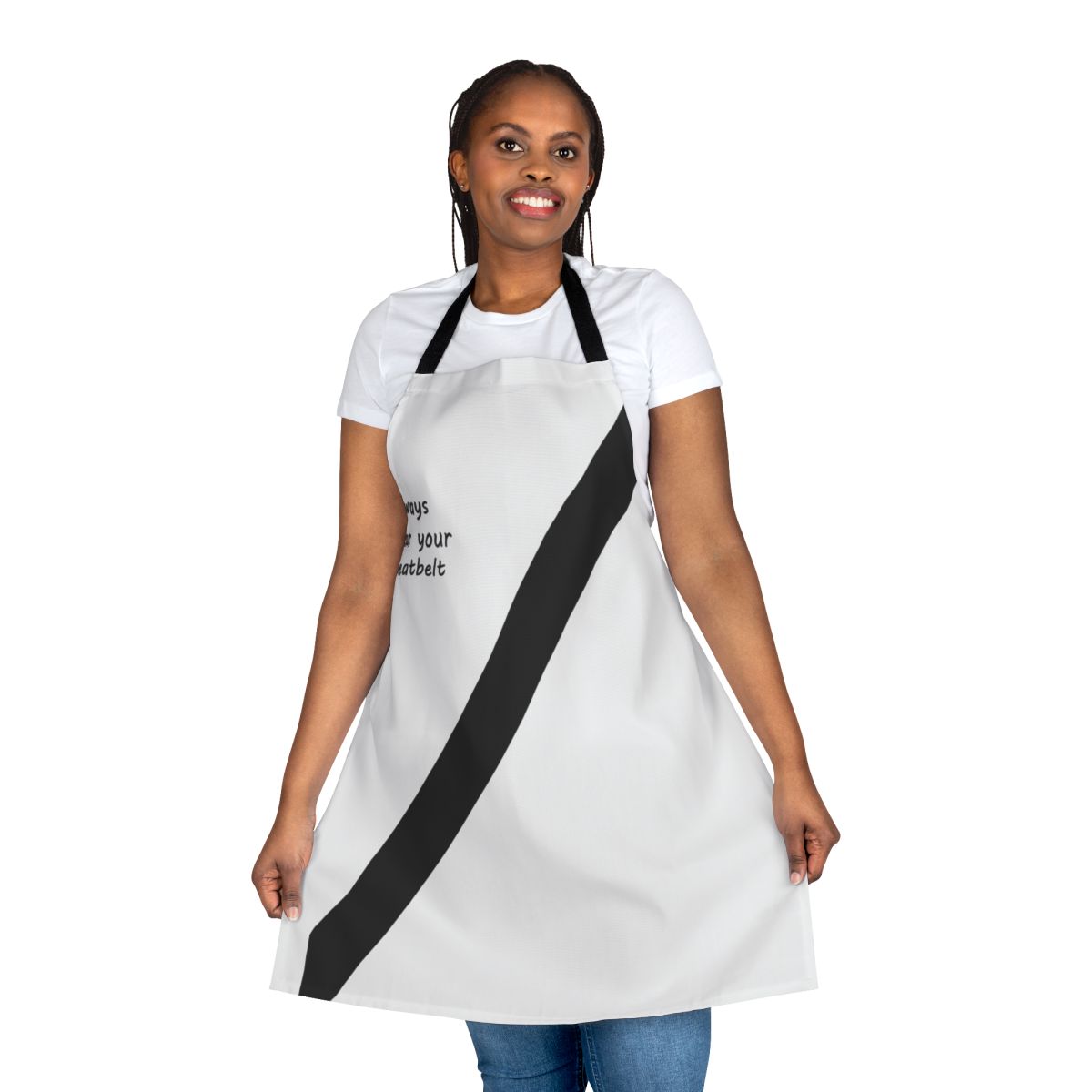 A person wearing a seatbelt-inspired apron, featuring a bold, safety-focused design.