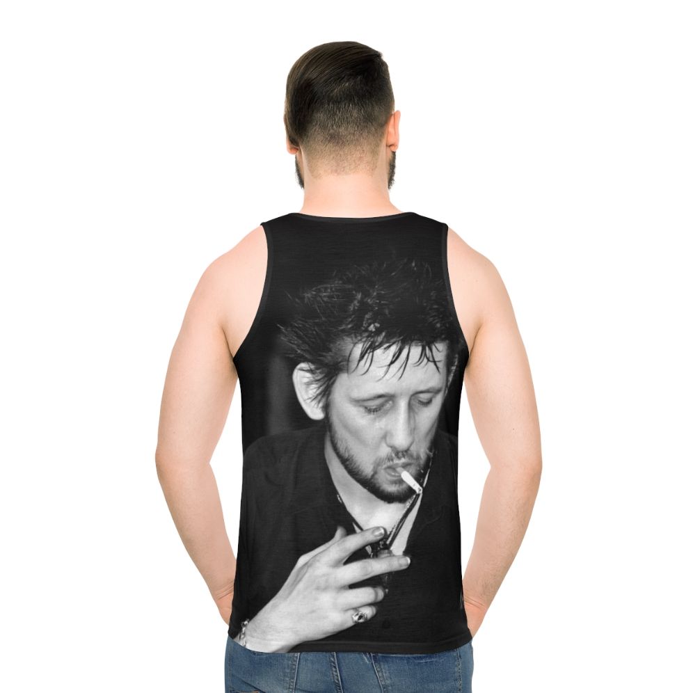 Shane Macgowan, lead singer of The Pogues, smoking in black and white portrait