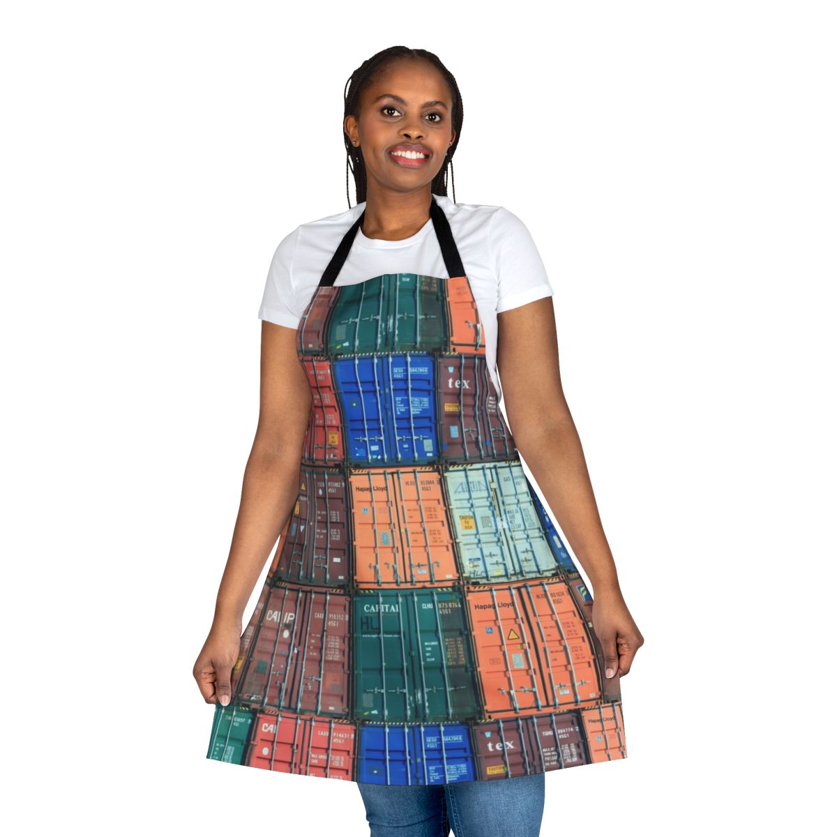 A colorful apron featuring shipping containers, perfect for transport workers, movers, and freight enthusiasts.