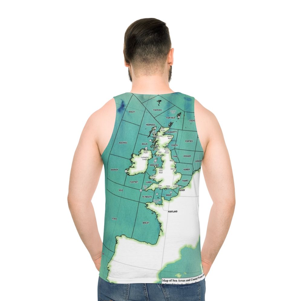 Unisex tank top featuring a shipping forecast map design