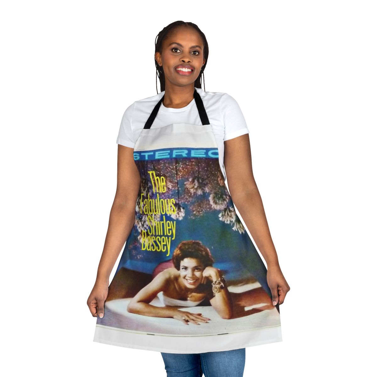 Stylish 1960s-inspired apron featuring a retro graphic of iconic singer Shirley Bassey