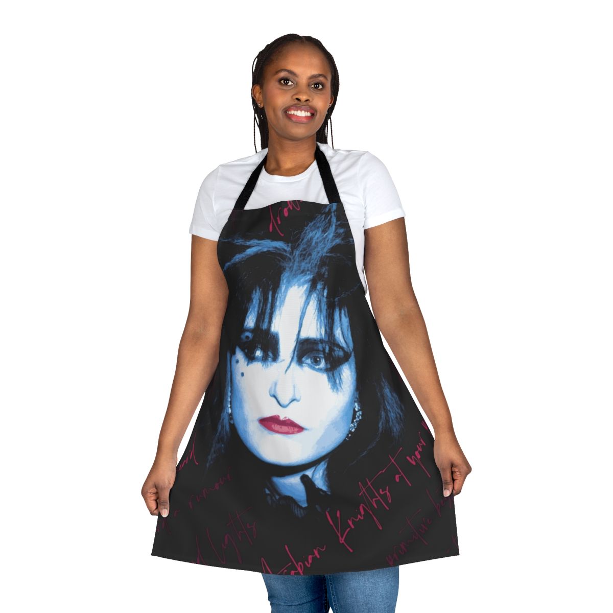 A black and white apron featuring a bold gothic design inspired by Siouxsie Sioux and the 1980s post-punk and new wave era.