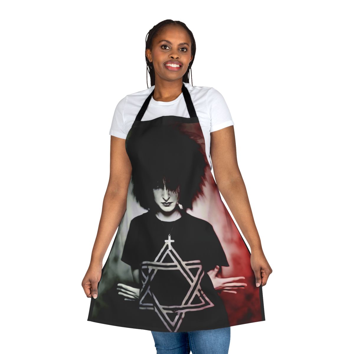 Siouxsie Sioux inspired black and red apron with gothic and punk rock designs