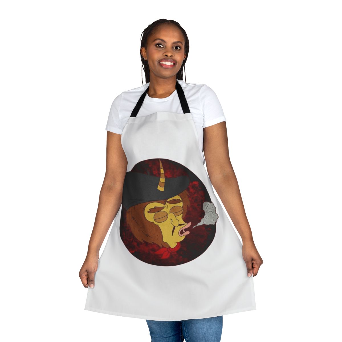 Red and black apron with a smoke design, inspired by the Netflix animated series Big Mouth