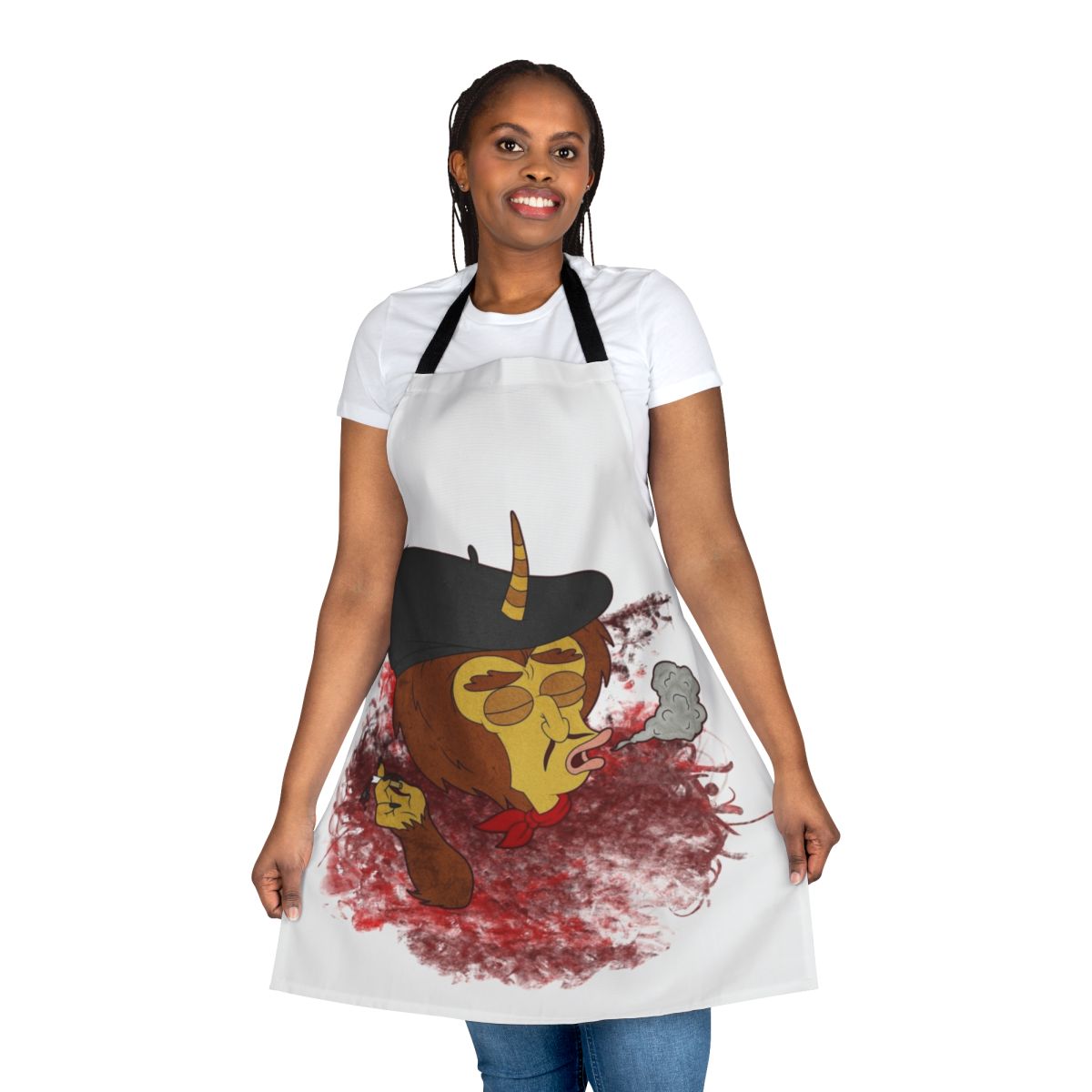 Smoke-themed red apron with Big Mouth character design