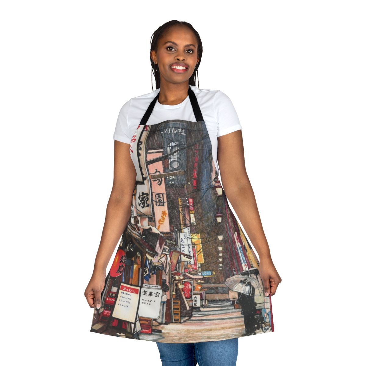 Apron featuring a snowy urban nightscape with Japanese-inspired lights and lanterns