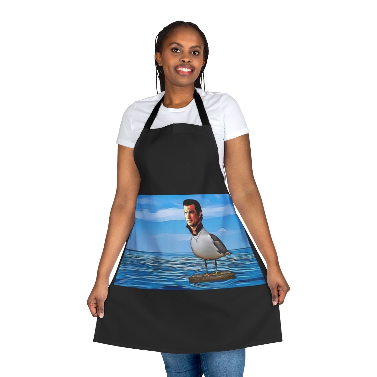 Man wearing apron with seagull graphic