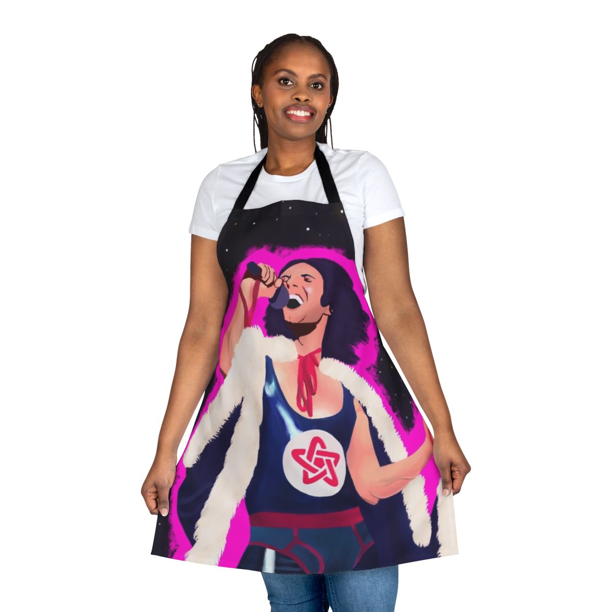 Vibrant space-themed apron with a cool, rad, and 69 design