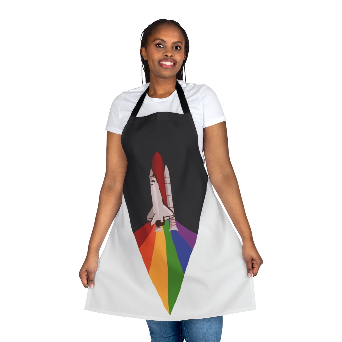 Colorful apron with space shuttle and NASA-inspired design for LGBTQ+ pride and space exploration enthusiasts.