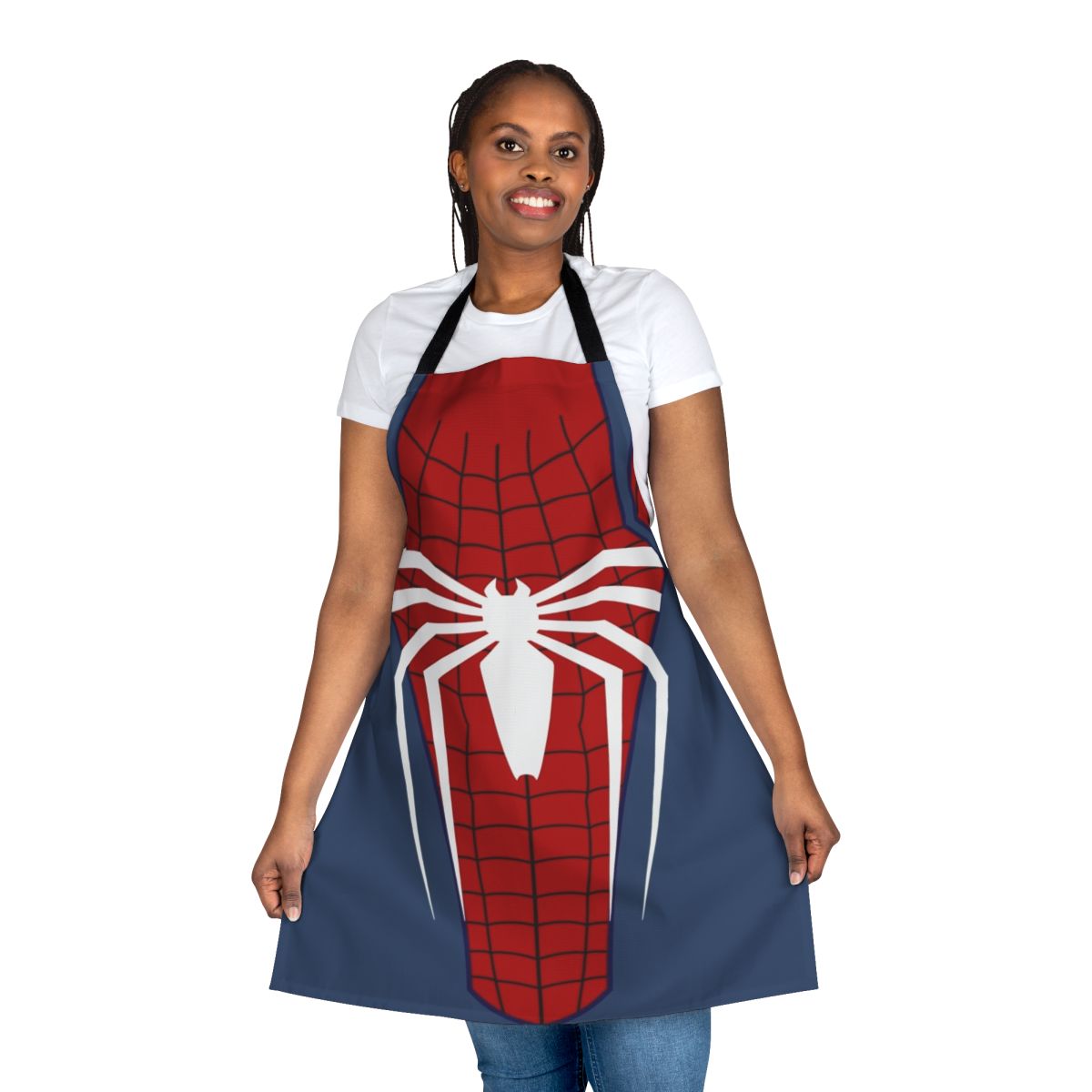 Spider-inspired white apron with graphic design