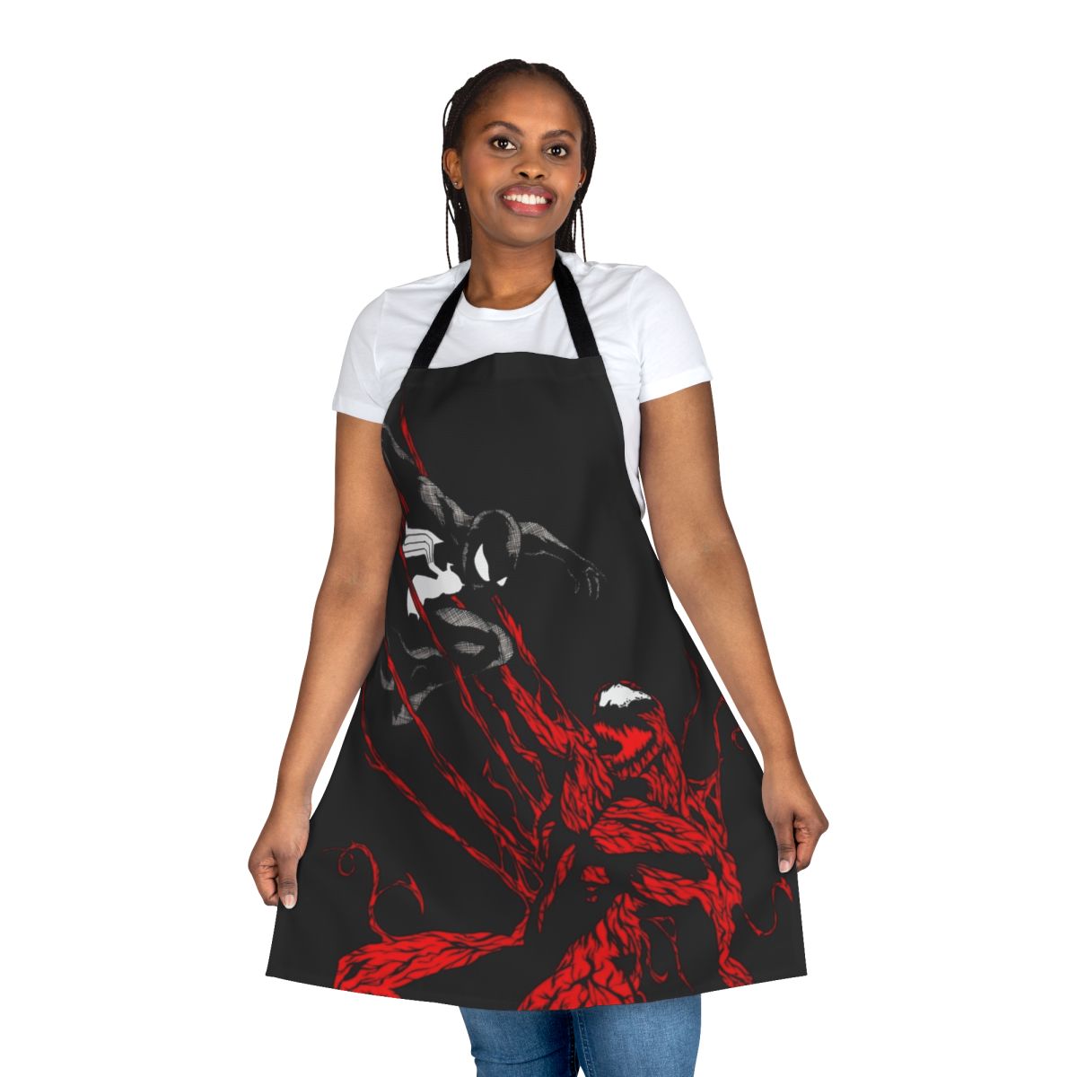 Vibrant apron featuring Carnage, a fearsome Spider-Man villain, for comic book enthusiasts.