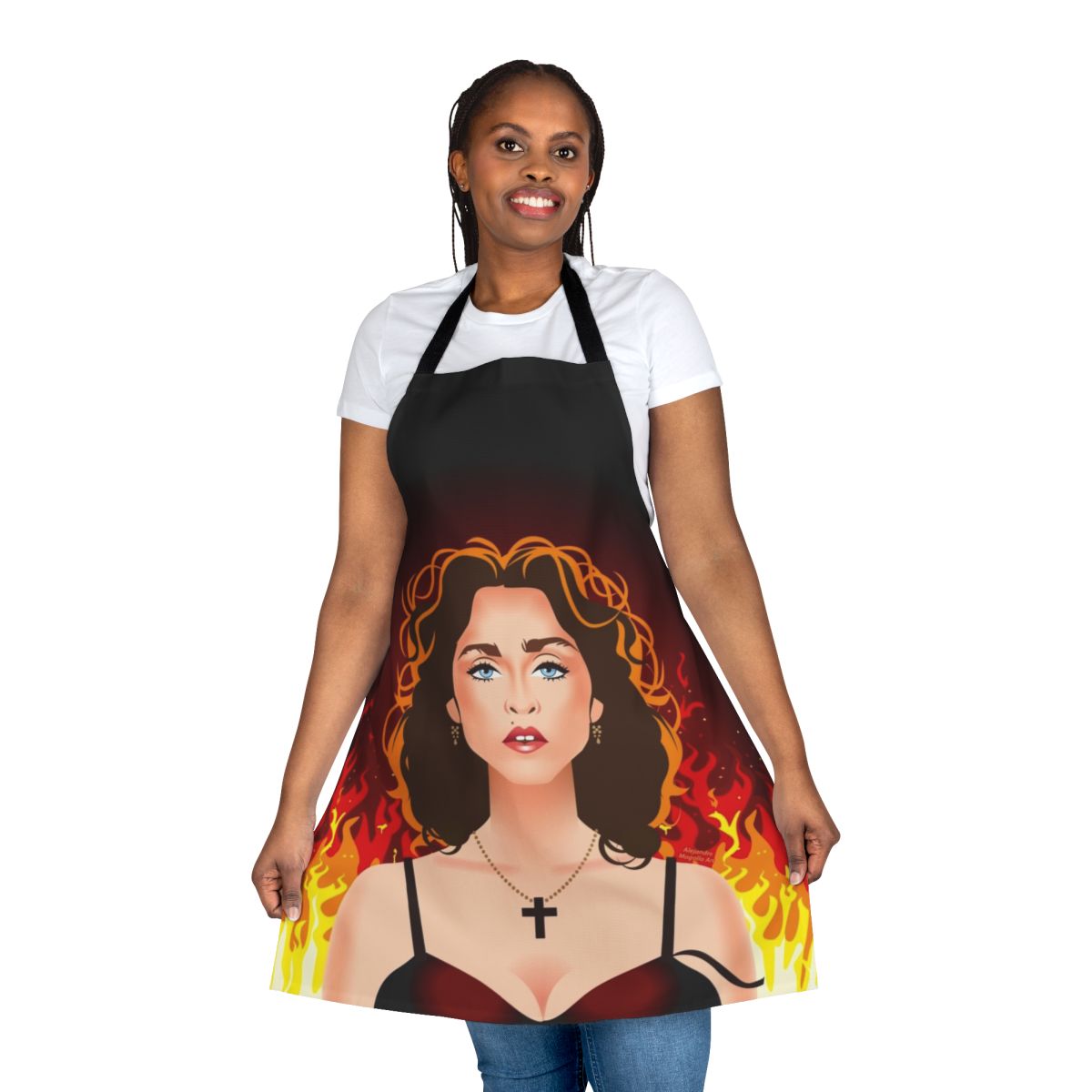 A white apron with a prayer design, suitable for use in the kitchen or during religious observances.