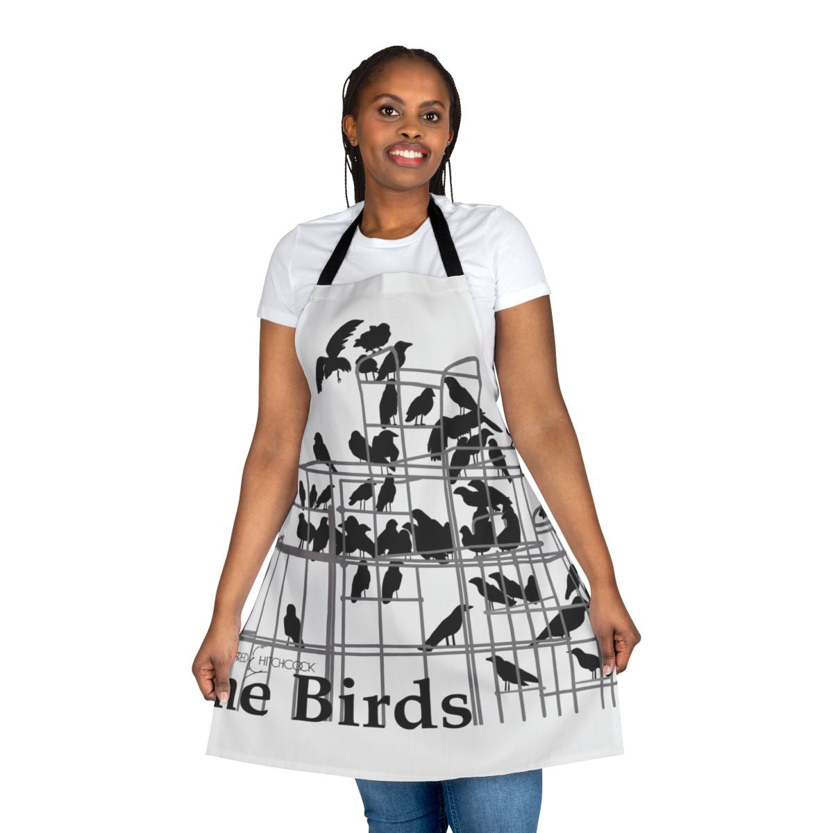Apron with black bird and raven graphic inspired by Alfred Hitchcock's classic thriller film The Birds