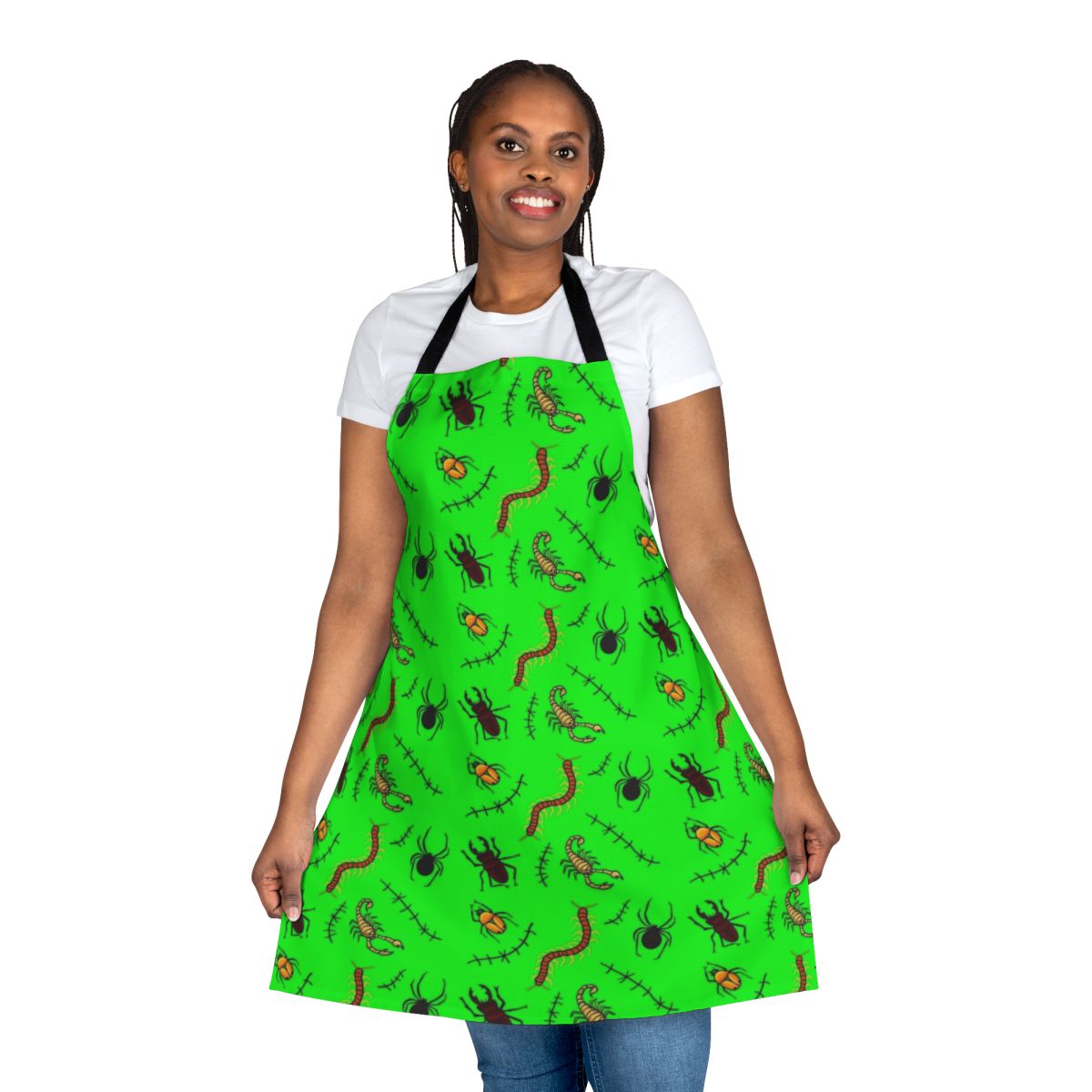 Spooky apron with creepy bugs, spiders, and monster design