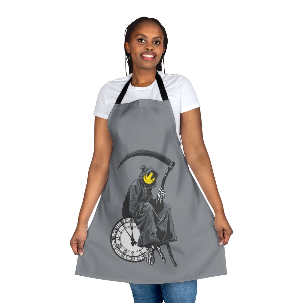 Banksy-inspired grim reaper clock graphic printed on a black apron