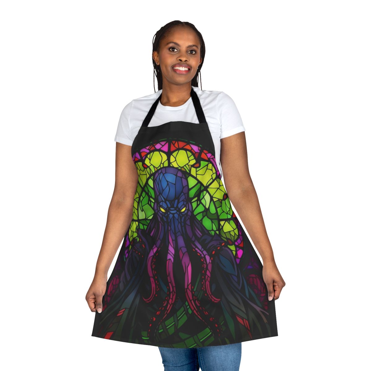 Stained glass fantasy apron featuring a Lovecraftian-inspired creature design