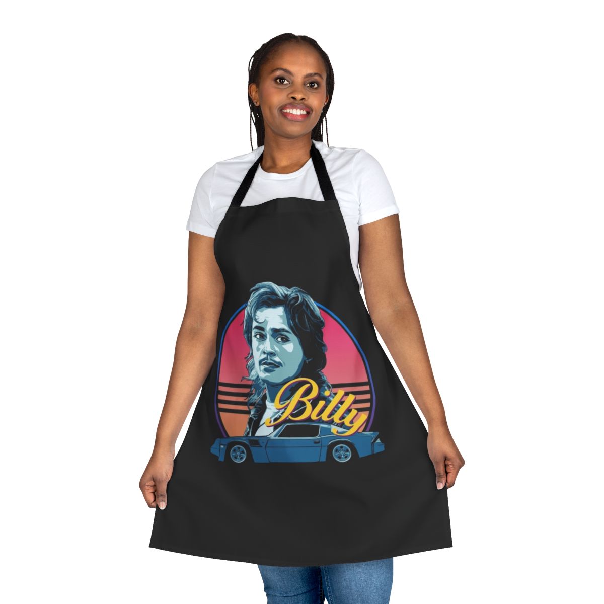 Stranger Things 80s style apron featuring characters like Billy Hargrove, Dustin Henderson, and more.