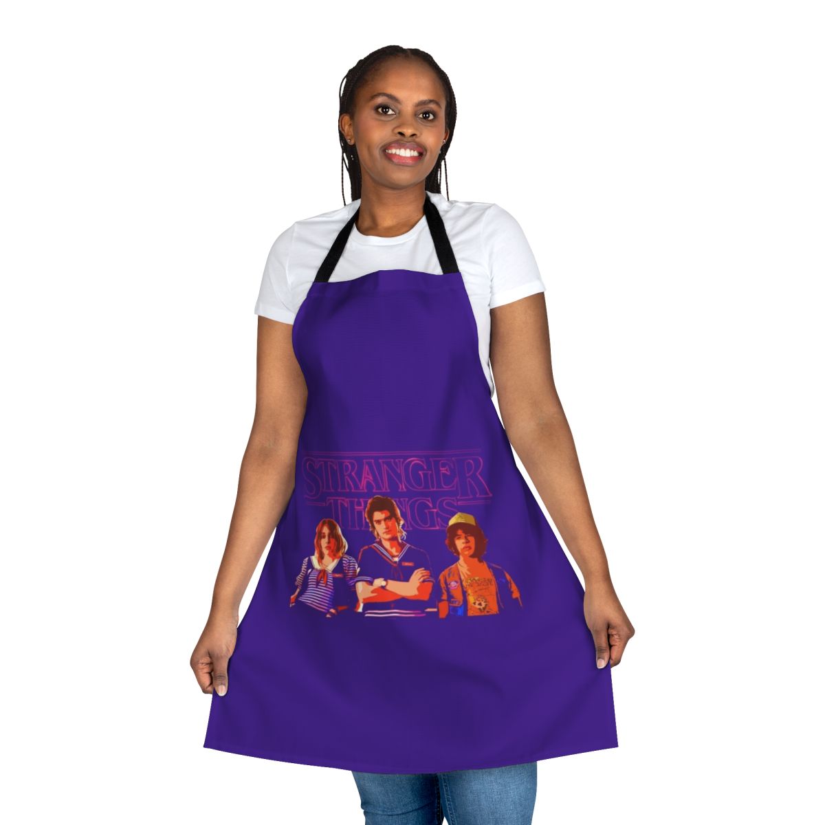 Stranger Things inspired apron featuring characters Steve Harrington, Dustin Henderson and Robin Buckley