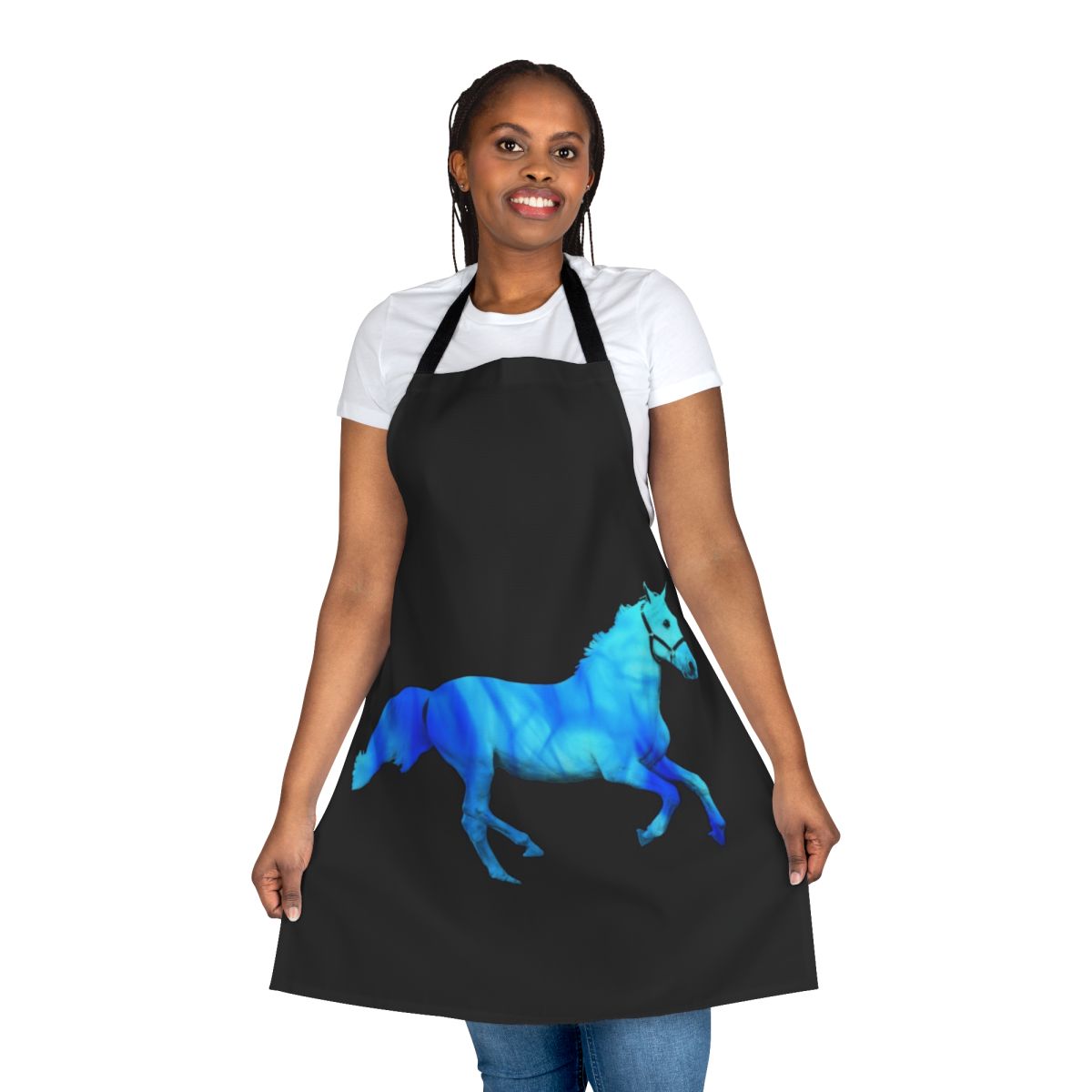 Vibrant blue and orange flaming horse design on a high-quality apron